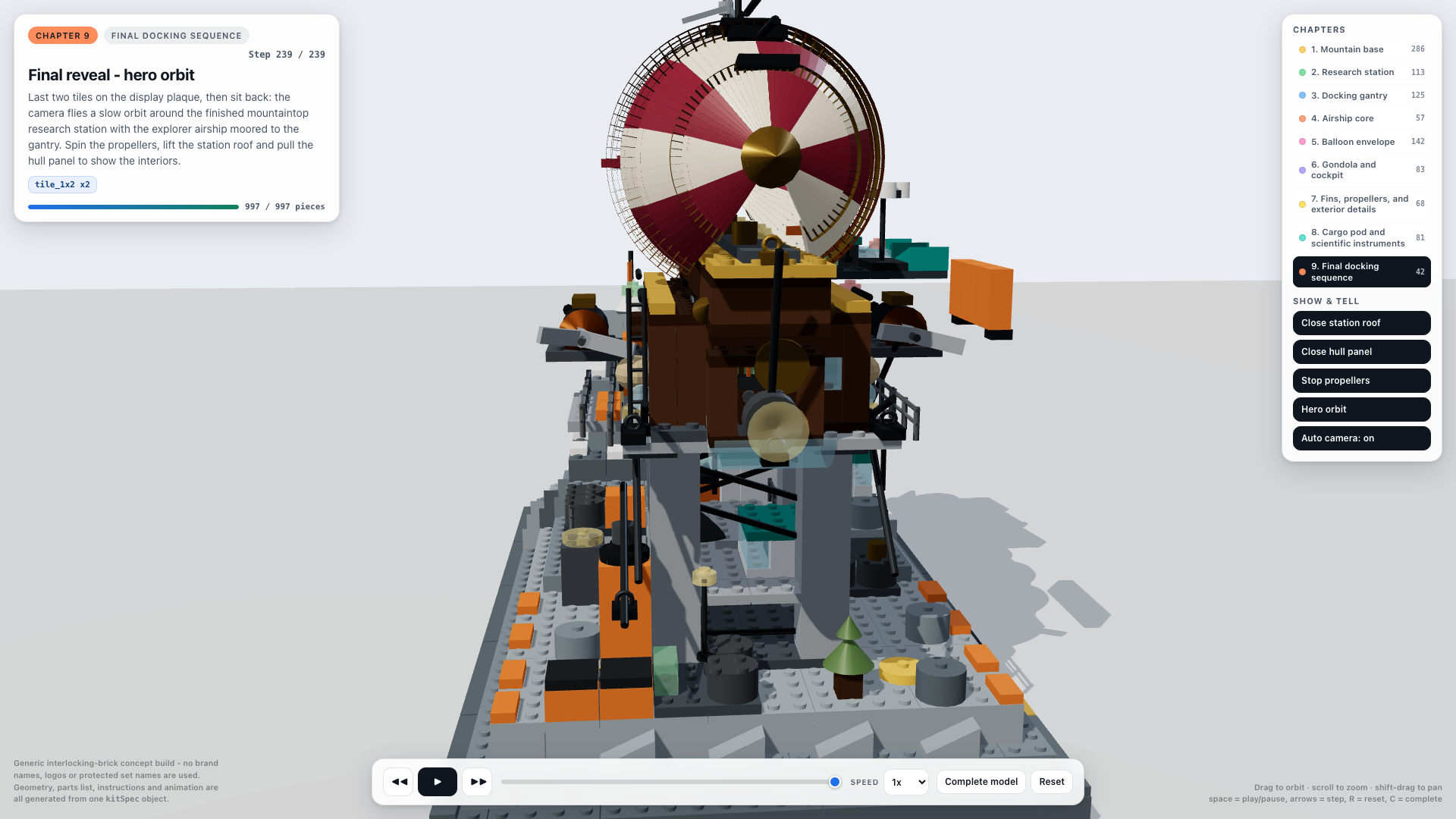 1000-piece airship research station — final reveal, 997 pieces placed