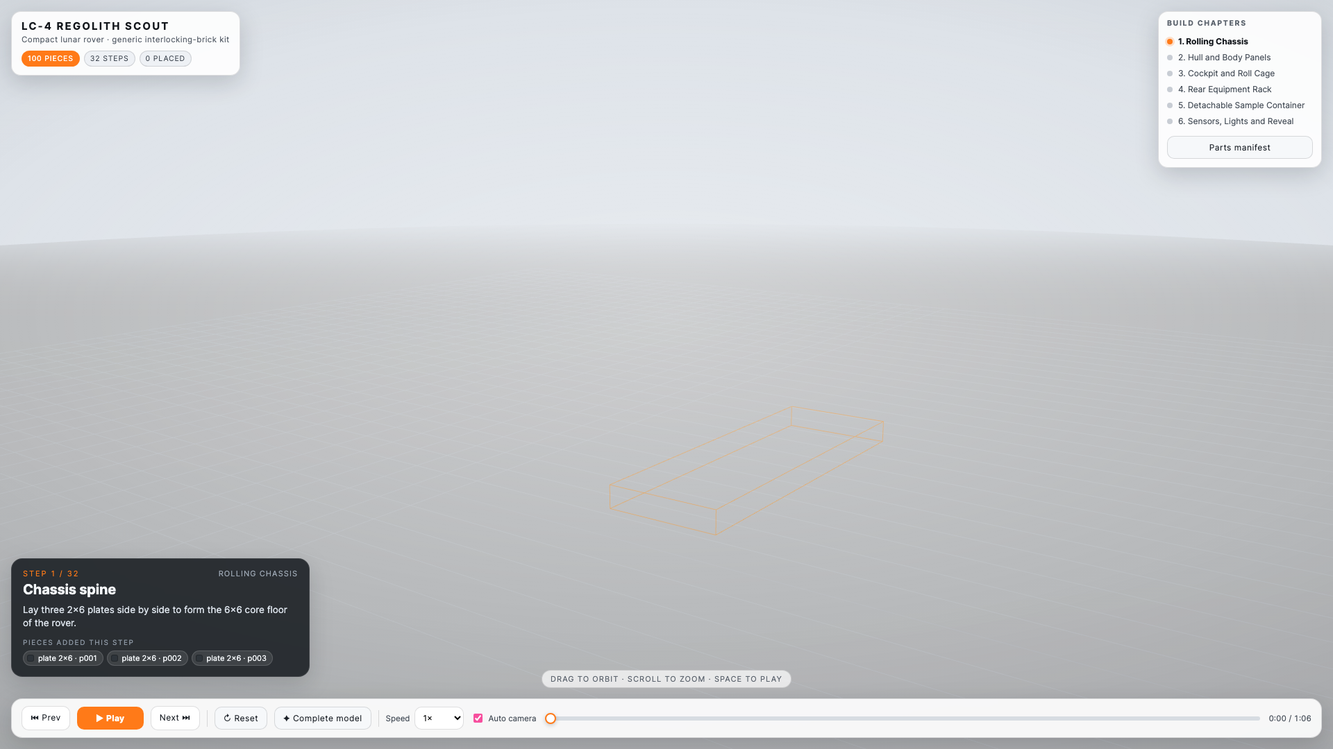 Animated build guide — chapter and step UI
